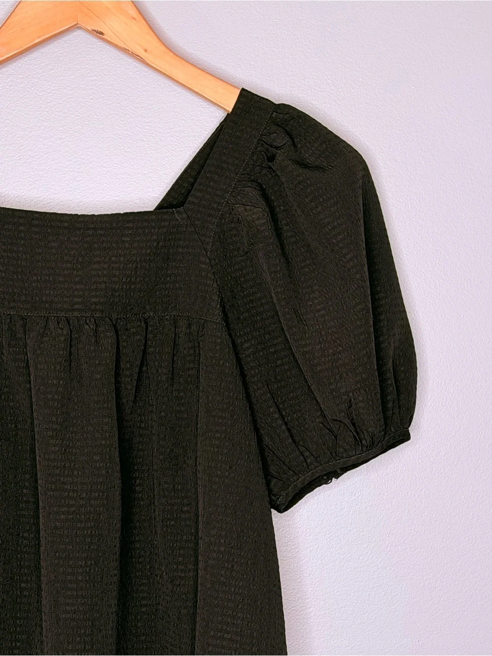 NEW Madewell Seersucker Black Square-Neck Bubble Sleeve Tie Back Top Size S NWOT
